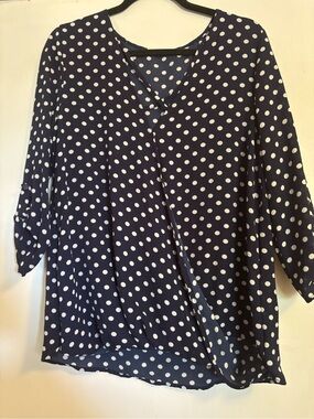 Le Lis Navy and White Polka Dot Wrap-Style Blouse